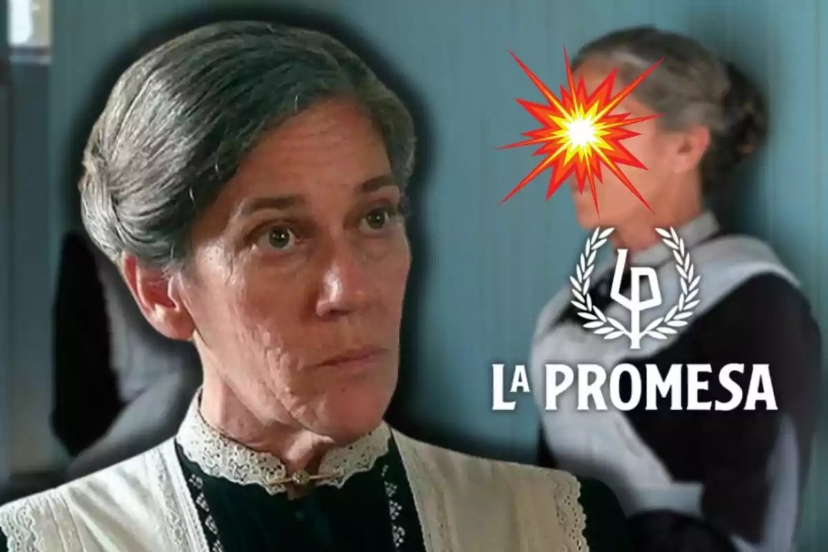 Marga Martínez amb cabell canós i expressió seriosa, vestida amb uniforme d'època, apareix en primer pla; darrere, una altra figura amb un efecte d'explosió al rostre i el text "La Promesa".