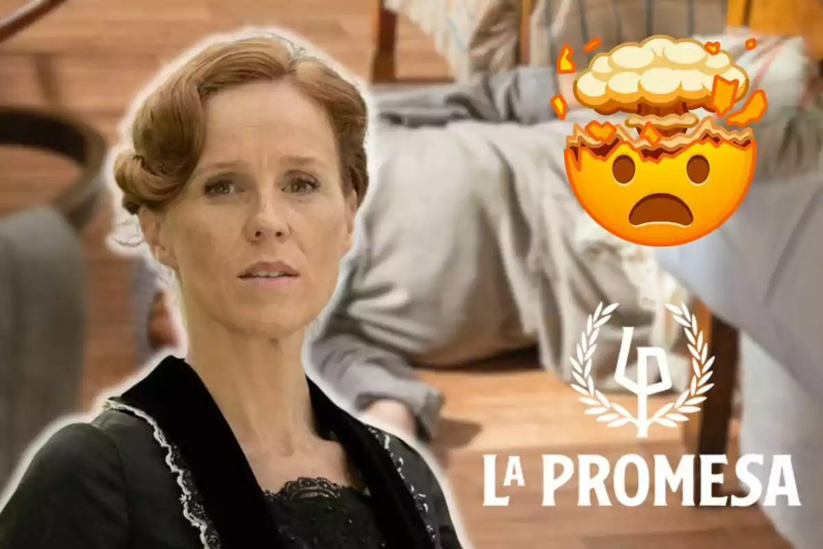 María Castro amb expressió seriosa en primer pla, un emoji de cap explotant i el logotip de "La Promesa" a la cantonada inferior dreta.