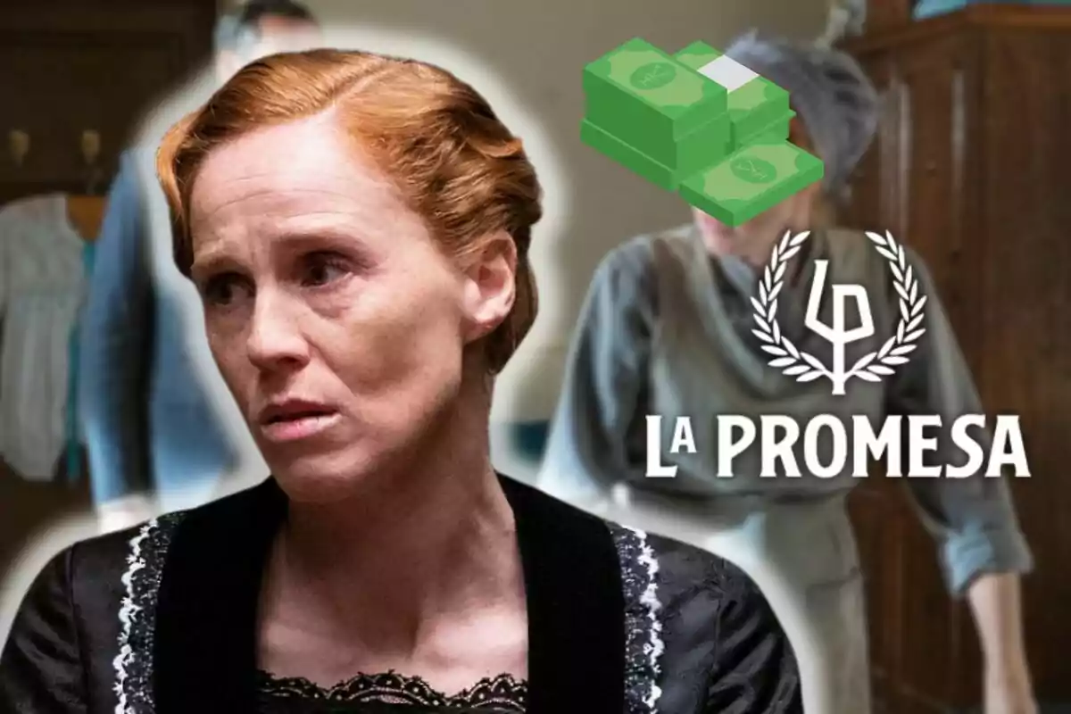 María Castro amb expressió seriosa apareix en primer pla, mentre que al fons s'observa una altra persona desenfocada i el logotip de "La Promesa" al costat d'un gràfic de bitllets.