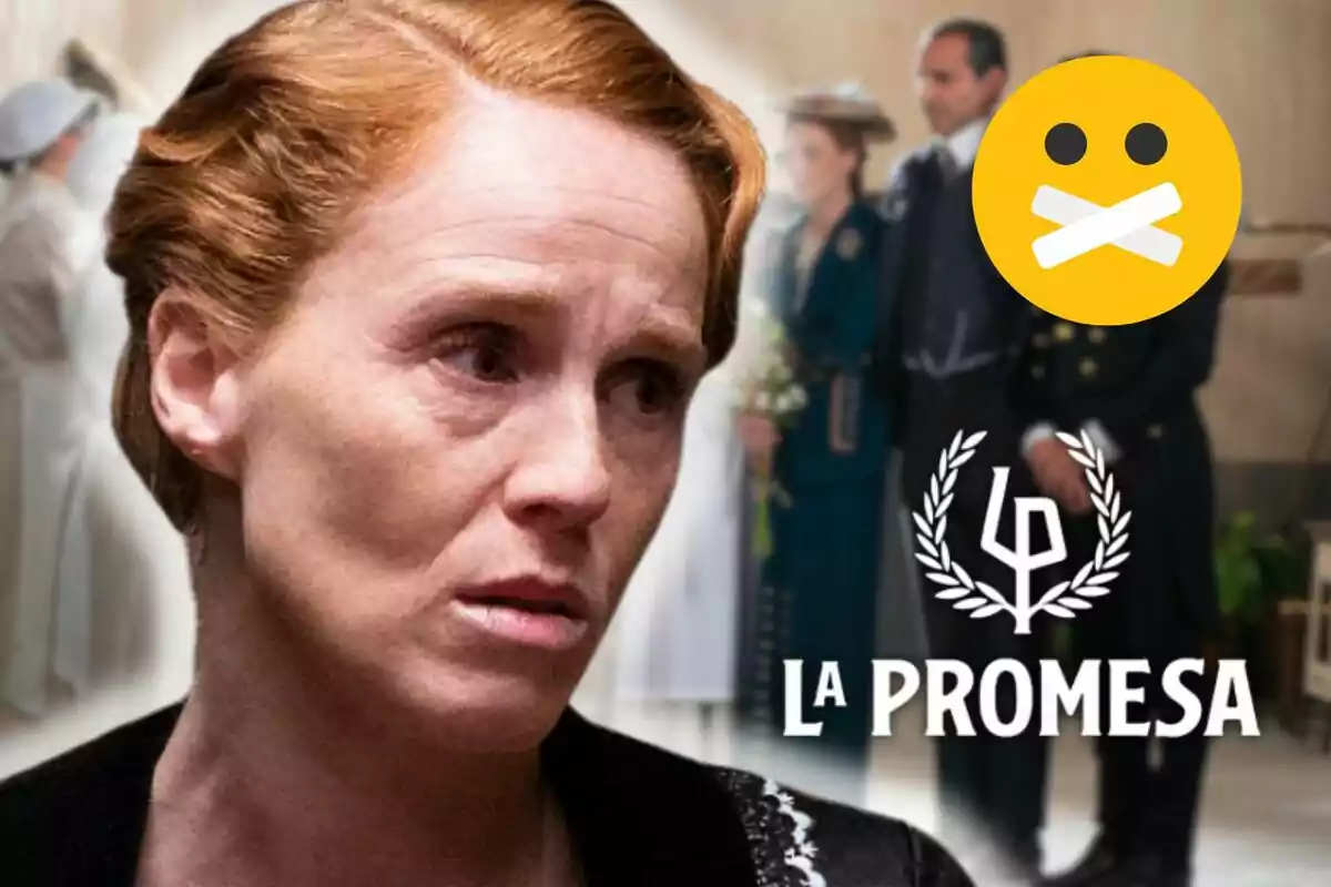 María Castro amb expressió seriosa en primer pla, amb un fons borros de persones vestides d'època i el text "La Promesa".
