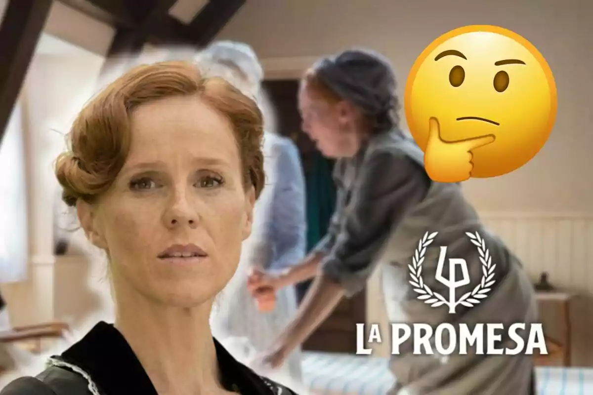 María Castro de cabell pèl-roig apareix en primer pla amb una expressió seriosa mentre al fons es veuen dues persones desenfocades i un emoji pensatiu al costat del logotip de "La Promesa".