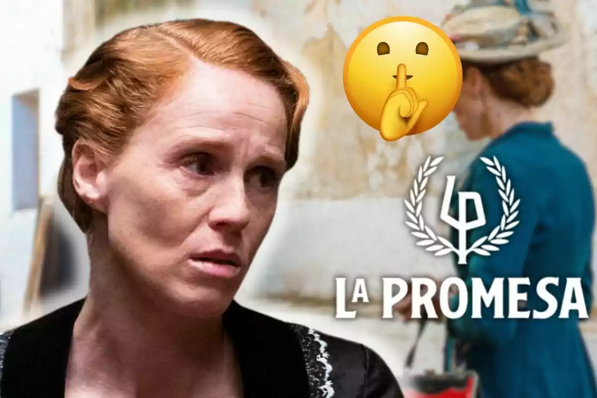María Castro amb expressió seriosa apareix en primer pla mentre al fons es veu una altra dona d'esquena i un emoji de silenci, al costat del text "La Promesa".