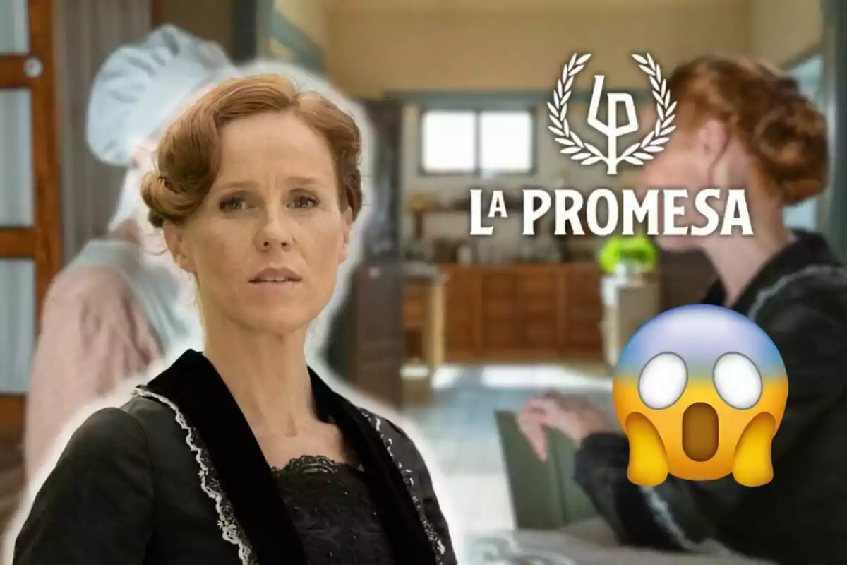 María Castro pèl-roja amb expressió seriosa en un entorn domèstic amb el text "La Promesa" i un emoji sorprès.