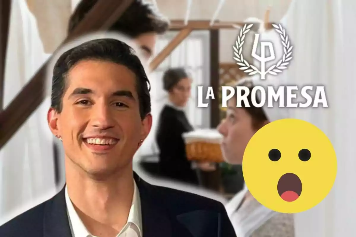 Muntatge d'una escena de 'La Promesa', Mario García en vestit negre, el logotip de la sèrie i un emoji de sorpresa