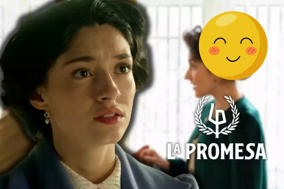 Marta Costa amb expressió seriosa en primer pla i una altra persona desenfocada al fons amb el text "La Promesa".