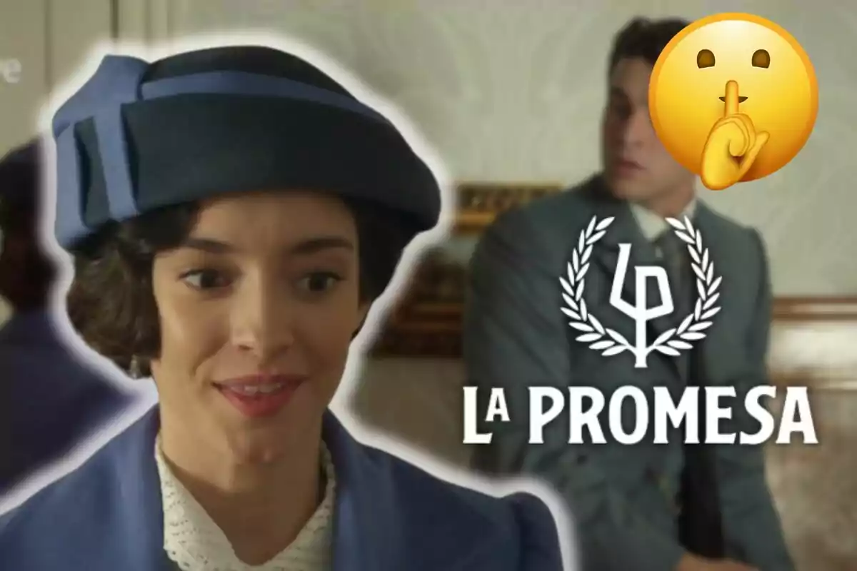 Marta Costa amb barret blau somriu mentre un homeal fons mira a un altre costat junt al text "La Promesa" i un emoji de silenci.