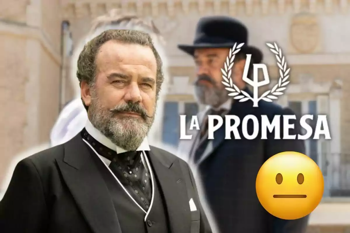 Manuel Regueiro amb barba i vestit elegant apareix en primer pla amb el títol "La Promesa" i un emoji neutral al costat.