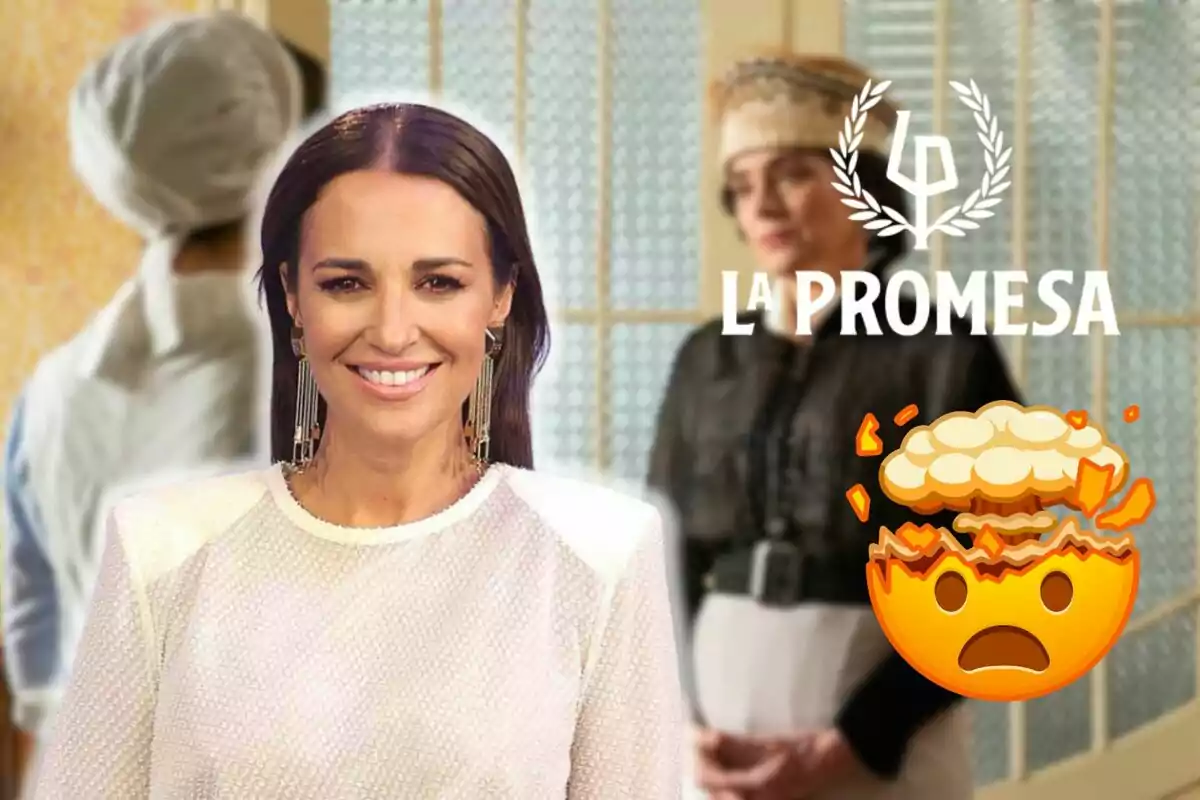 Muntatge d'una escena de 'La Promesa', Paula Echevarría somrient amb un jersei blanc, un logotip de la sèrie i un emoji explotant