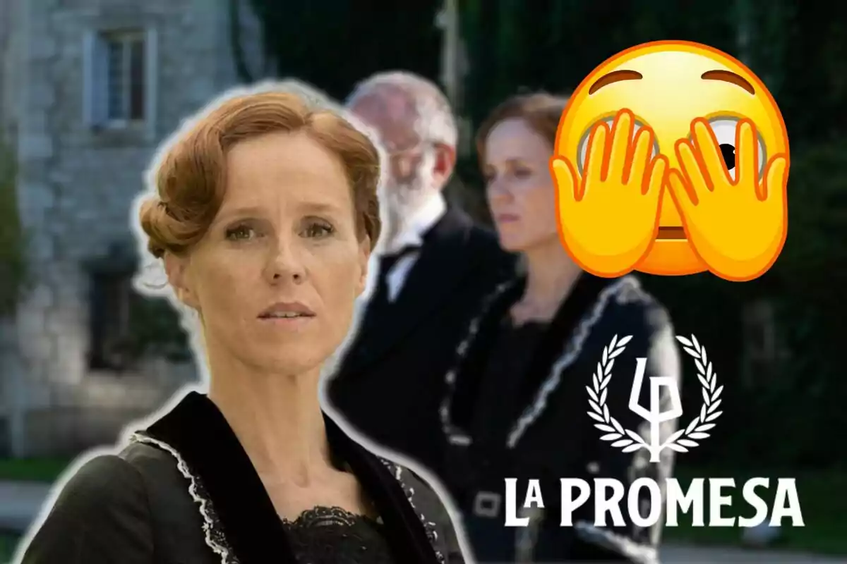 Muntatge d'una escena de 'La Promesa', Pía Adarre somrient, un emoji amb les mans a la cara i el logo de la sèrie