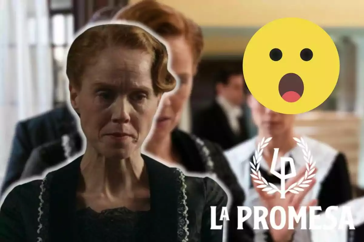 Pla amb expressió seriosa en primer pla, amb altres persones desenfocades al fons i un emoji sorprès sobreposat, al costat del text "La Promesa" i un logotip.