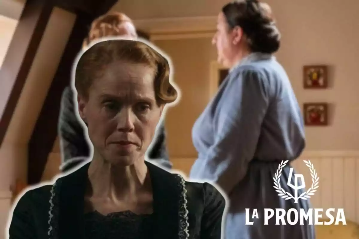 Muntatge d'una escena de 'La Promesa', Pla enfadada vestida de negre i el logotip de la sèrie