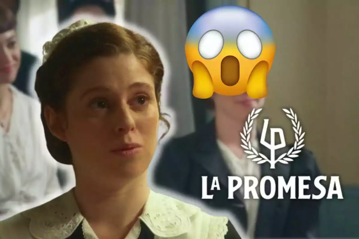 Sara Molina amb expressió seriosa i un emoji sorprès sobre la cara, al costat del text "La Promesa".