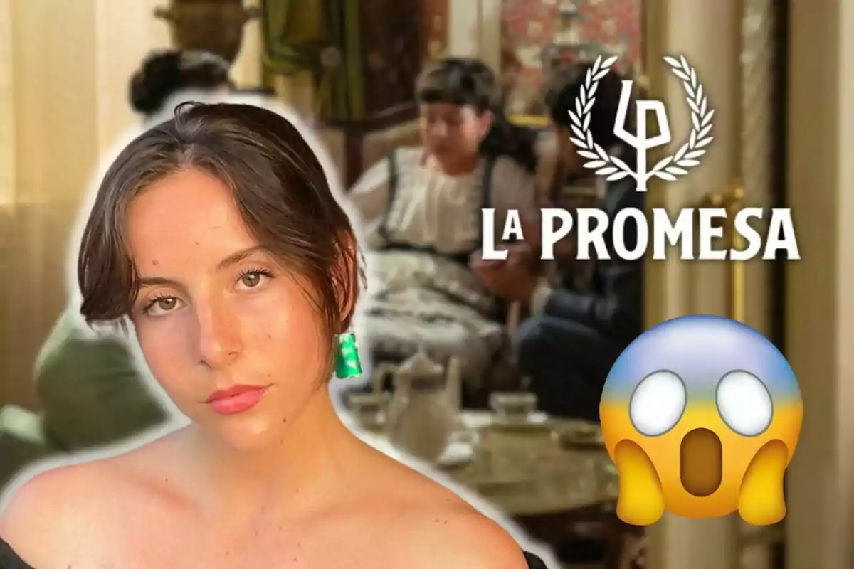 Muntatge d'una escena de 'La Promesa', Victoria Lago seria amb les espatlles descobertes, el logotip de la sèrie i un emoji sorprès