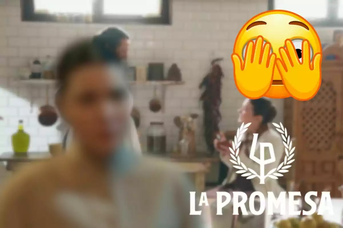 Muntatge d'una escena de 'La Promesa', Virtudes desenfocada, un emoji tapant-se els ulls i el logo de la sèrie