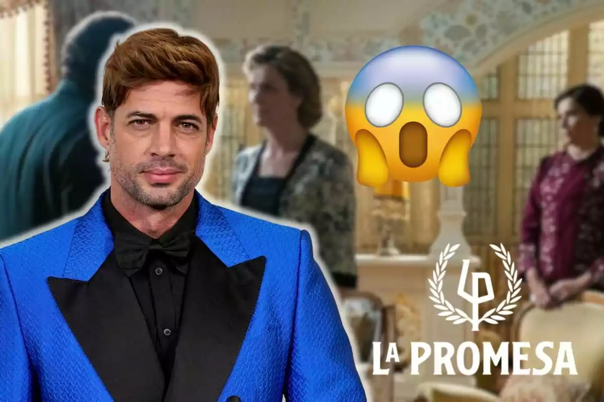 Muntatge de William Levy amb vestit blau, el logotip de 'La Promesa' i emoji sorprès al fons d'una escena de la sèrie "La Promesa".