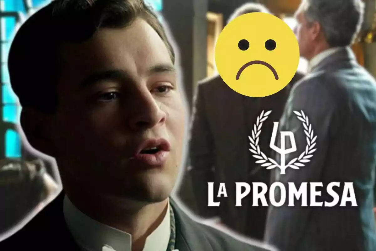 Primer pla de Xavi Lock amb expressió seriosa, un emoticona trista gran i el logotip de La Promesa al fons