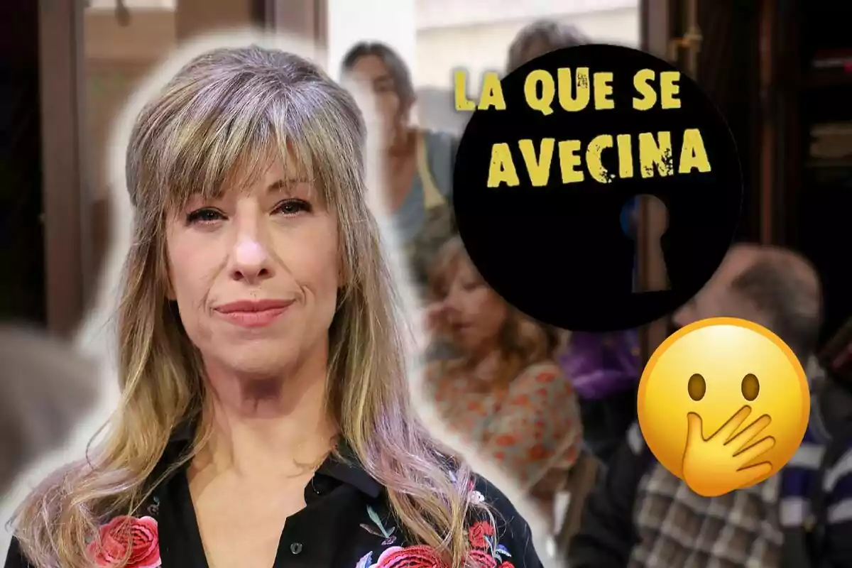 Nathalie Seseña amb cabell ros i serrell apareix en primer pla, amb un fons borrós que inclou un logotip de "La que s'acosta" i un emoji de cara sorpresa.