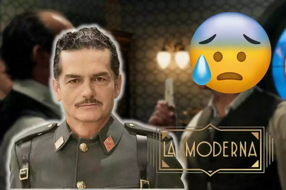 Carles Sanjaime amb uniforme militar apareix en primer pla, mentre que al fons s'observa una altra persona amb un emoji de cara preocupada cobrint el seu rostre i el text "La Moderna".