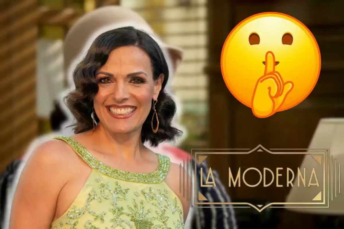 Eva Pedraza somrient amb un vestit verd clar adornat, un emoji de silenci i el text "La Moderna".