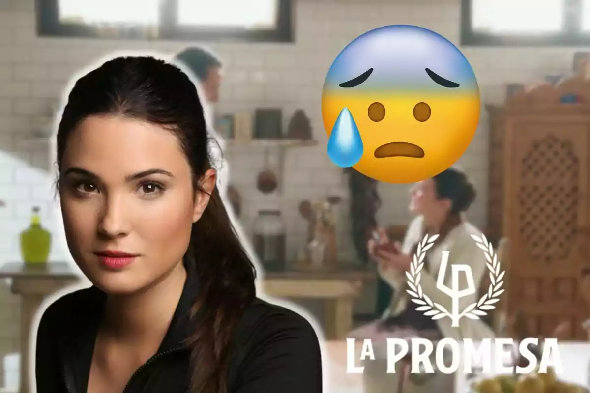 Laura Lafuente amb expressió seriosa en primer pla, un emoji de cara preocupada amb una gota de suor i el logotip de "La Promesa" a la cantonada inferior dreta.