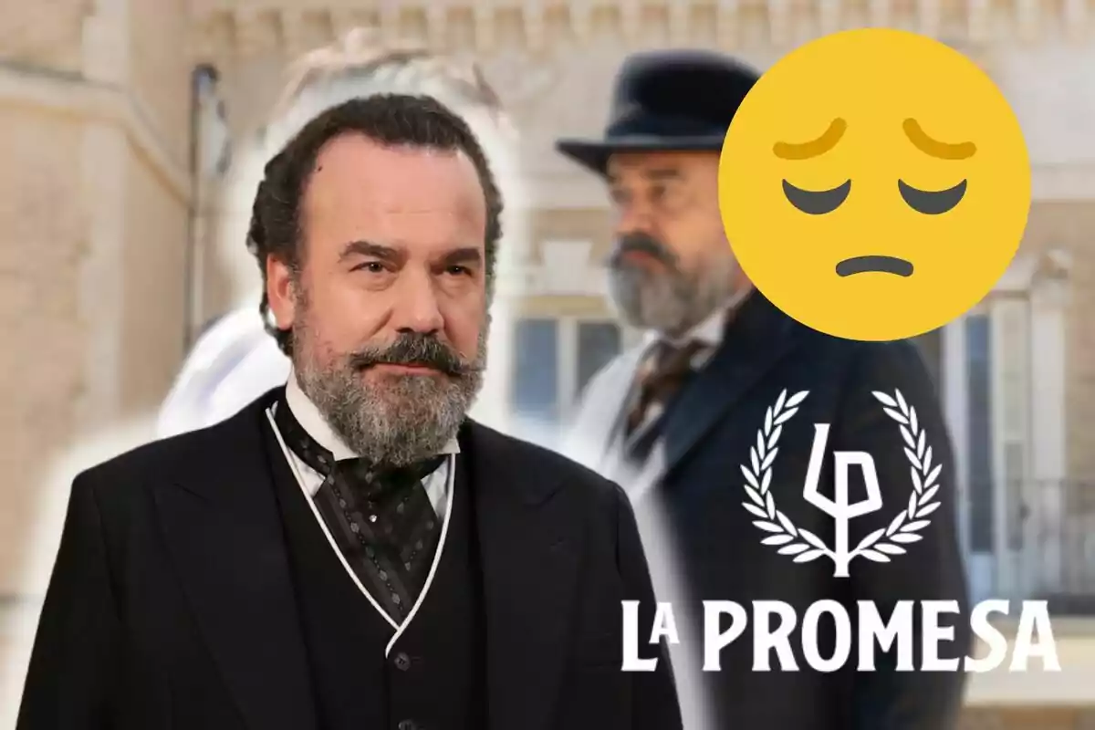 Manuel Regueiro amb barba i vestit formal apareix en primer pla, amb una expressió seriosa, mentre que al fons es veu una figura borrosa d'ell mateix amb un barret. A la dreta, hi ha un emoji trist i el text "La Promesa" amb un logotip de llorer.