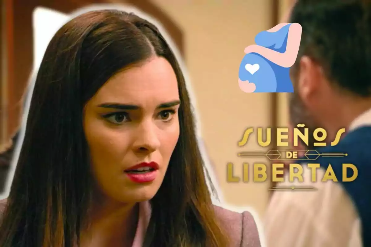 Alba Brunet amb expressió de sorpresa o preocupació, al costat del logotip de Sueños de Libertad i un dibuix d’una dona embarassada