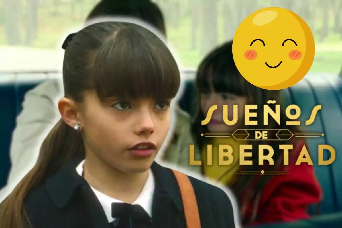 Amanda Cárdenas amb uniforme escolar apareix en una imatge promocional de "Sueños de Libertad" amb un emoji somrient a la cantonada superior dreta.