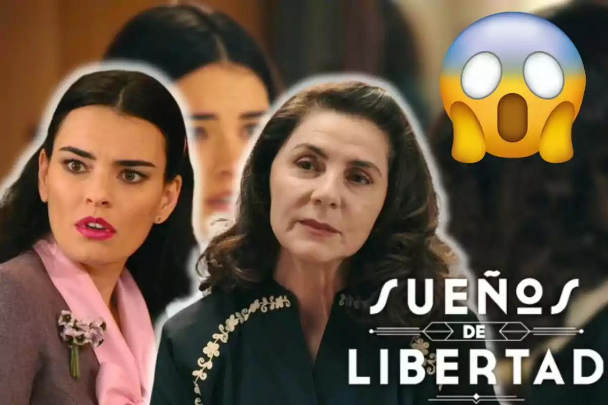 Alba Brunet i Ana Fernández amb expressions serioses i un emoji sorprès a la cantonada superior dreta, amb el text "Sueños de Libertad" a la part inferior.