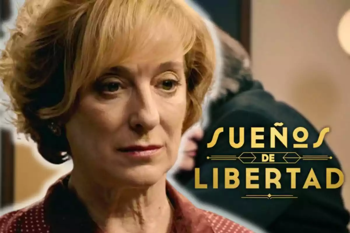 Ana Labordeta de cabell ros apareix en primer pla amb una expressió seriosa, mentre que al fons s'observa una altra persona desenfocada; el text "Sueños de Libertad" és present a la imatge.