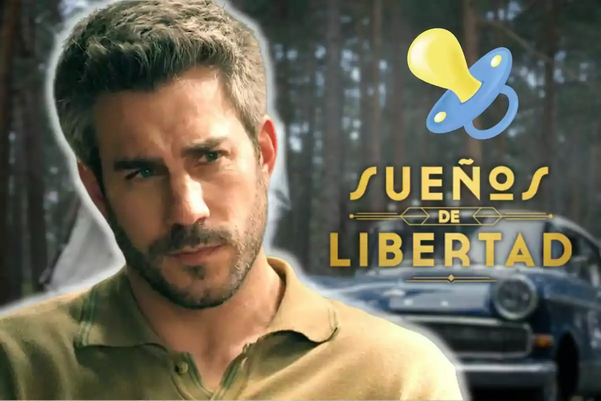 Dani Tatay con expresión seria frente a un bosque con el texto "Sueños de Libertad" y un chupete amarillo y azul.