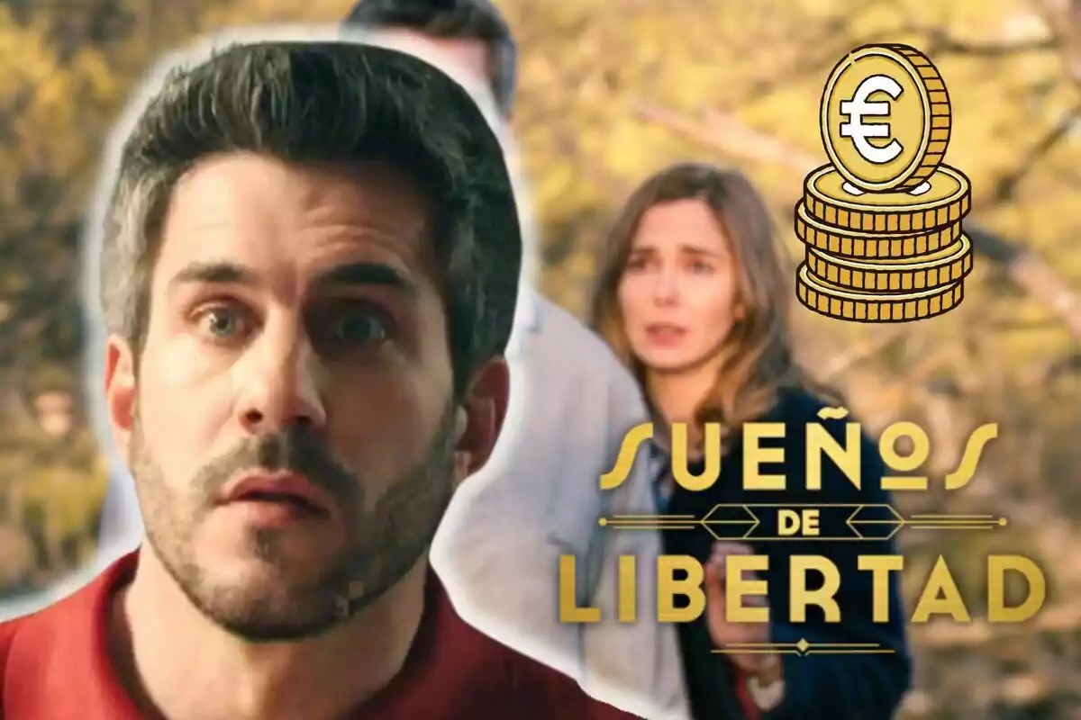 Dani Tatay amb expressió de sorpresa en primer pla, una dona desenfocada al fons, un gràfic de monedes i el text "Sueños de Libertad".