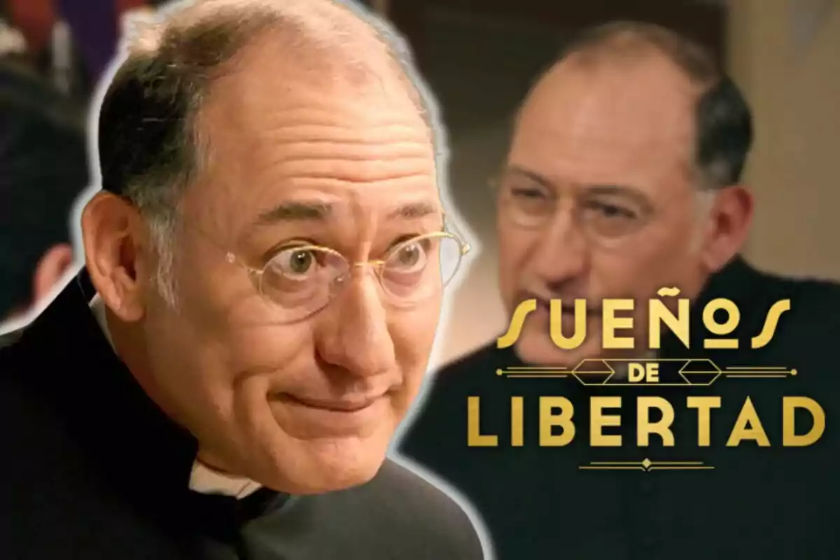 Daniel Albaladejo amb ulleres i sotana apareix en primer pla amb el text "Sueños de Libertad" al costat.