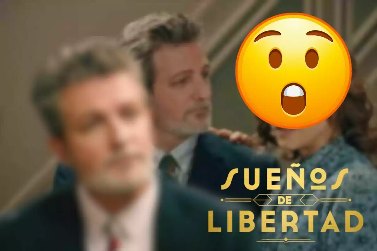 Imatge d'una escena de la sèrie "Somnis de Llibertat", un emoji de cara sorpresa cobrint el rostre d'una persona, Jaume desenfocat i el logo de la sèrie