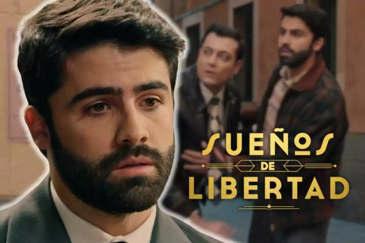Primer pla de Jaime Gutiérrez amb expressió seriosa, al fons dos homes desenfocats i el text Sueños de Libertad en lletres daurades