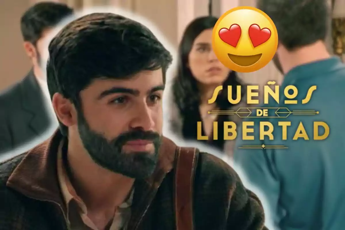 Javier Gutiérrez amb barba apareix en primer pla mentre altres persones estan desenfocades al fons juntament amb el text "Sueños de Libertad" i un emoji d'ulls de cor.