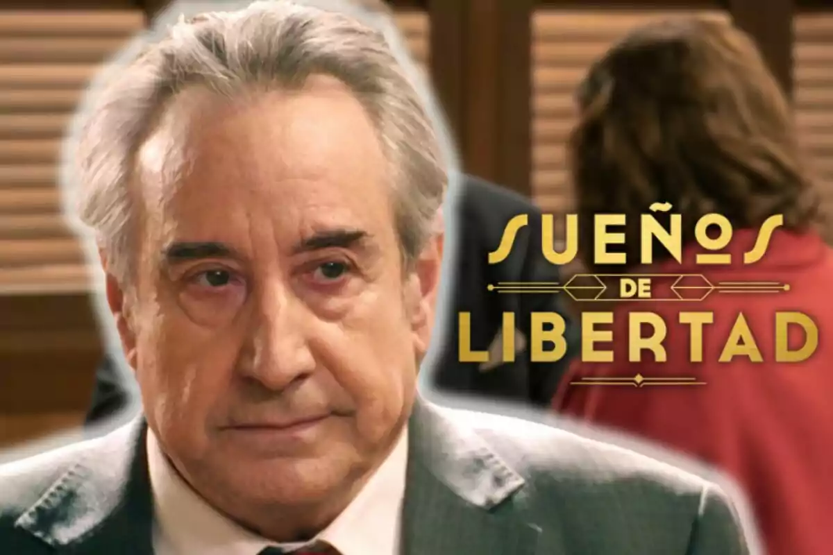 Juanjo Puigcorbé amb expressió seriosa en un entorn d'oficina, amb el text "Sueños de Libertad" al costat.