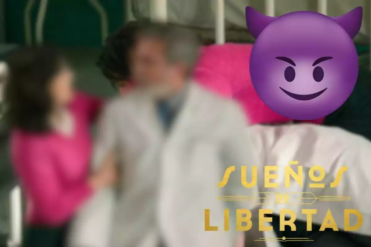 Luz i Jaime desenfocats en primer pla amb un emoji de diable porpra sobre una escena al fons i el text "Somnis de Llibertat" a la cantonada inferior dreta.