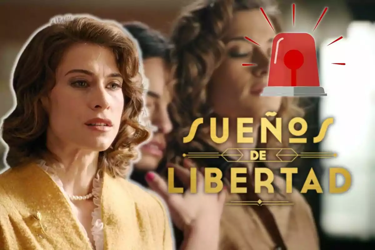 Marta Belmonte amb expressió seriosa i cabell arrissat porta un abric groc, juntament amb ella apareix el text "Sueños de Libertad" en lletres daurades amb una sirena vermella a sobre.