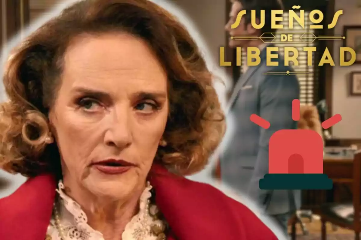 Marta Calvó amb expressió seriosa, vestida amb un abric vermell, apareix en primer pla; al fons, un home amb vestit està dret al costat d'un escriptori, i es pot veure el text "Sueños de Libertad" al costat d'una icona de sirena vermella.