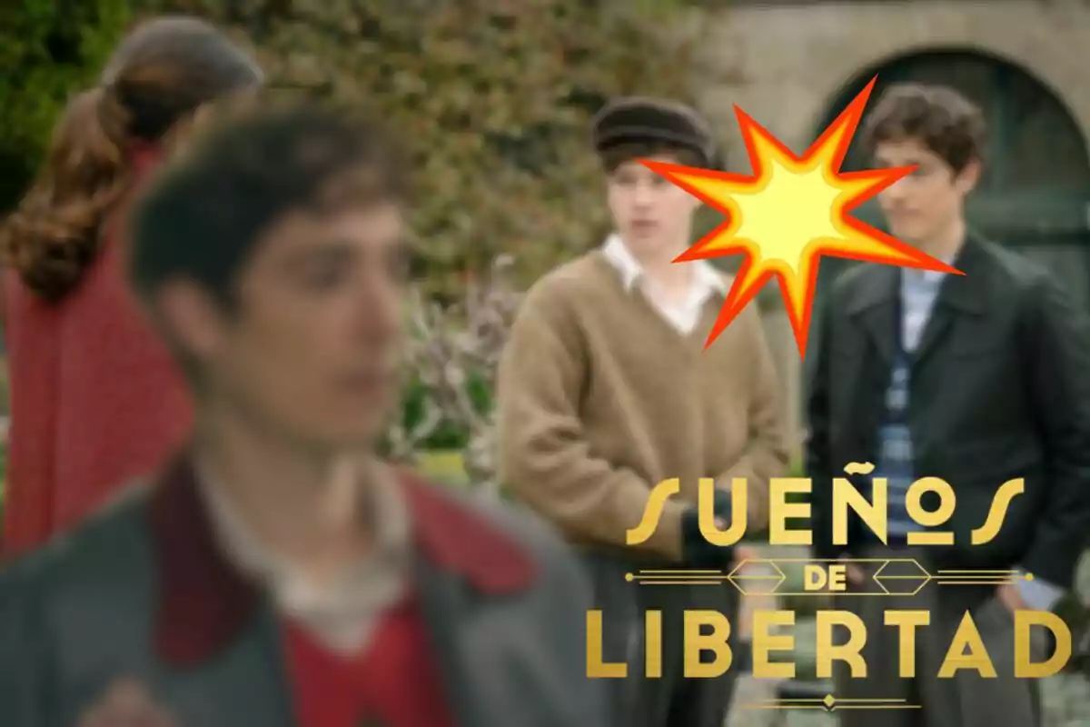 Una escena de "Somnis de Llibertat" amb quatre persones en un entorn a l'aire lliure, Mateu desenfocat, una explosió i el logotip de la sèrie.