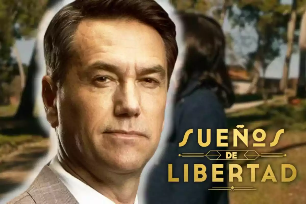 Primer pla d’Oriol Tarrasón amb un fons desenfocat on apareix una dona d’esquena i arbres, al costat del text Sueños de Libertad en lletres daurades