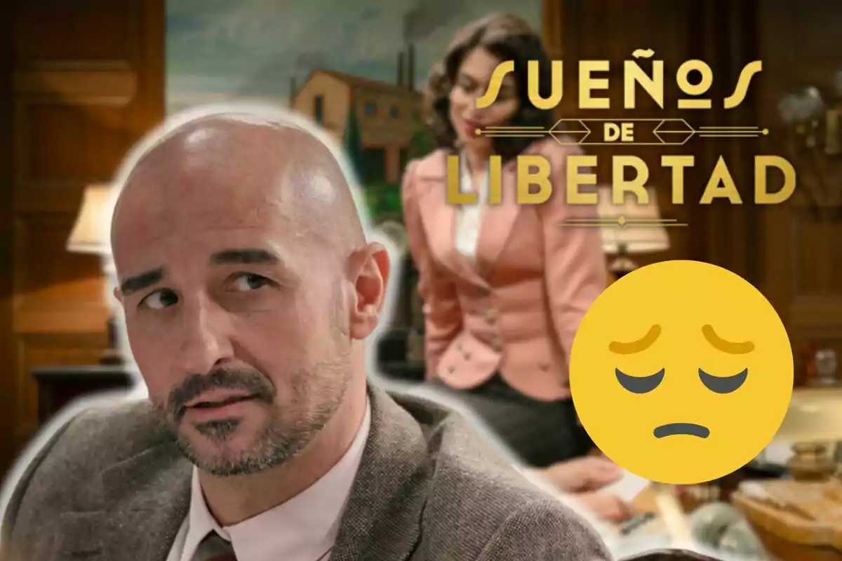 Alain Hernández amb barba mira cap a un costat mentre una dona de vestit rosa està dreta al fons al costat del text "Sueños de Libertad" i un emoji de cara pensativa.