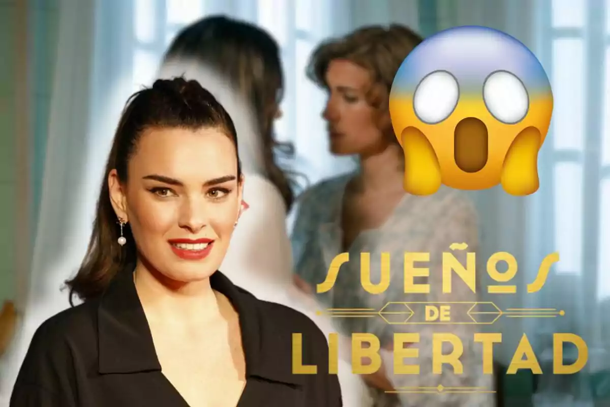 Imatge d'Alba Brunet amb cabell fosc i llavis vermells, somrient davant de la càmera, amb dues dones desenfocades al fons i un emoji de sorpresa gran a la dreta, al costat del text "Sueños de Libertad".