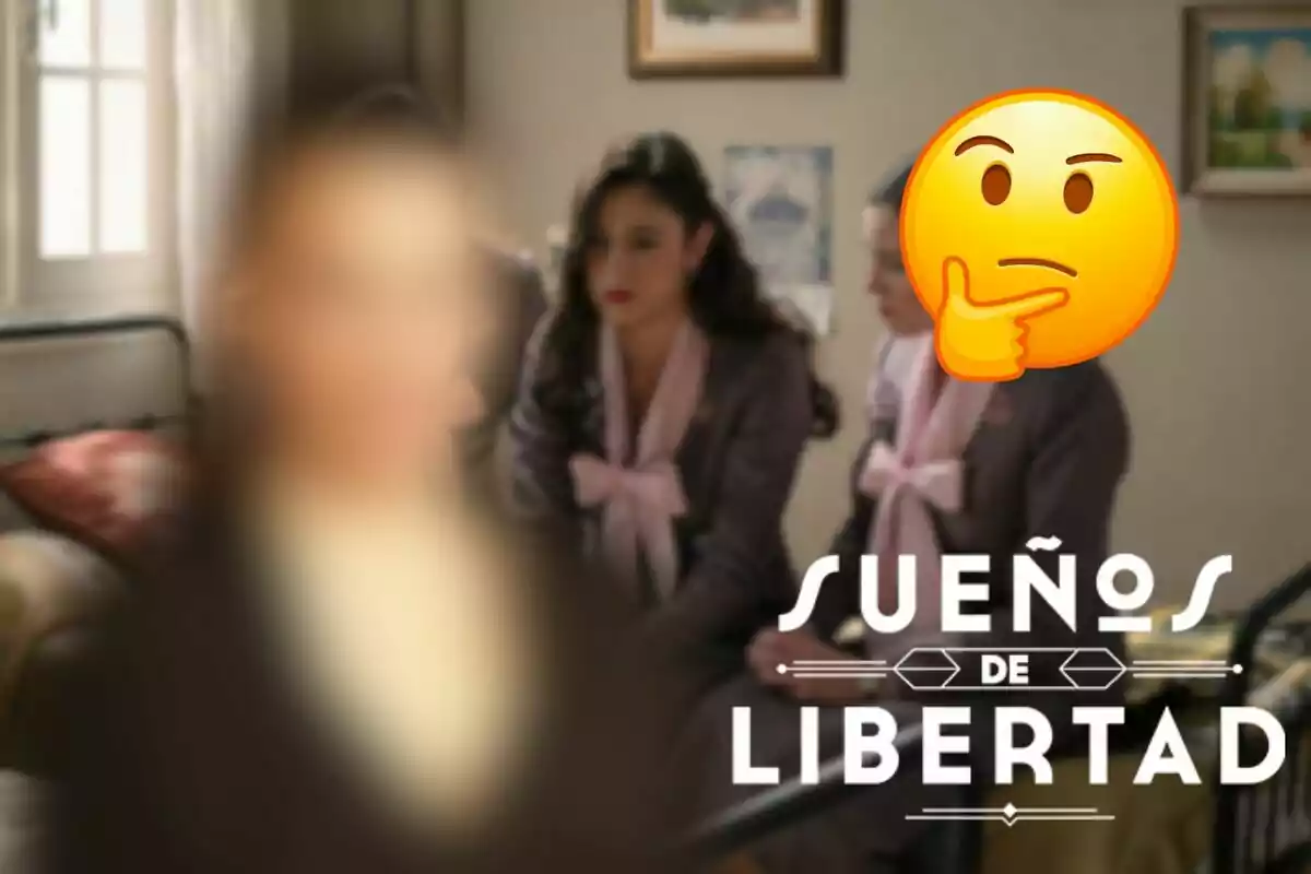 Muntatge d'una escena de 'Sueños de Libertad', Alba Brunet desenfocada, un emoji pensant i el logo de la sèrie