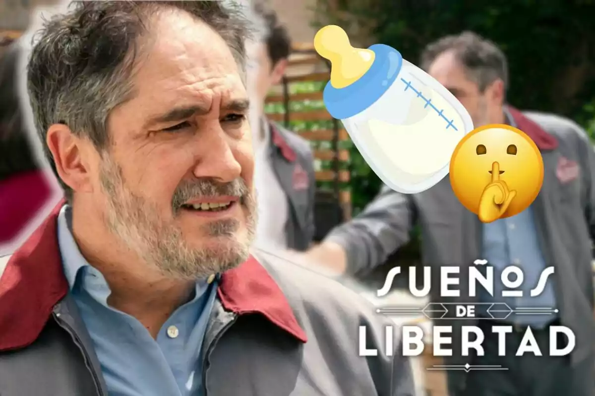 Alfonso Lara amb barba i cabell canós apareix en primer pla, amb una expressió pensativa; sobre la imatge hi ha un biberó i un emoji de silenci, al costat del text "Sueños de Libertad".