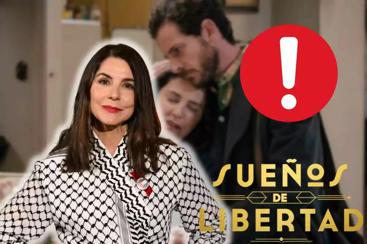 Muntatge d'una escena de 'Sueños de Libertad', Ana Fernández somrient amb els llavis vermells i una jaqueta de ratlles, una exclamació i el logo de la sèrie