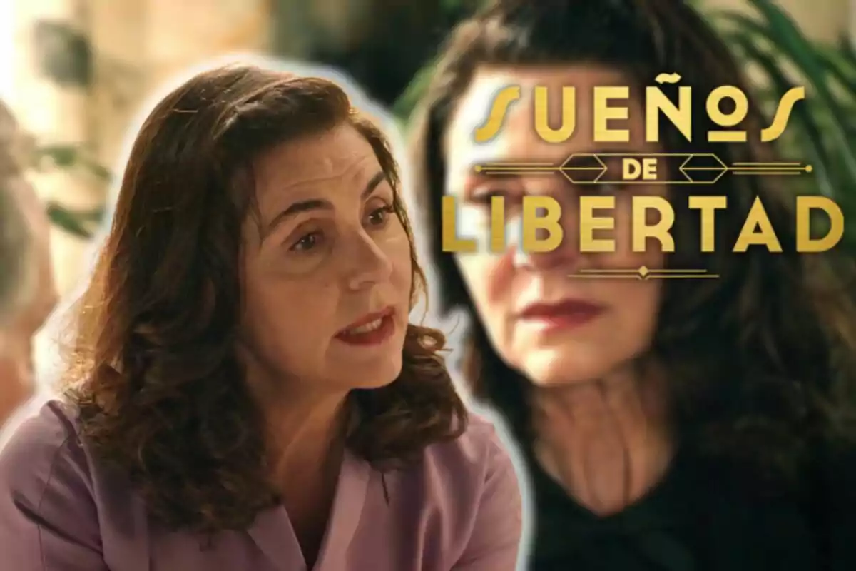 Ana Fernández de cabell castany i expressió seriosa apareix en primer pla, mentre que darrere seu es veu un cartell amb el text "Sueños de Libertad".