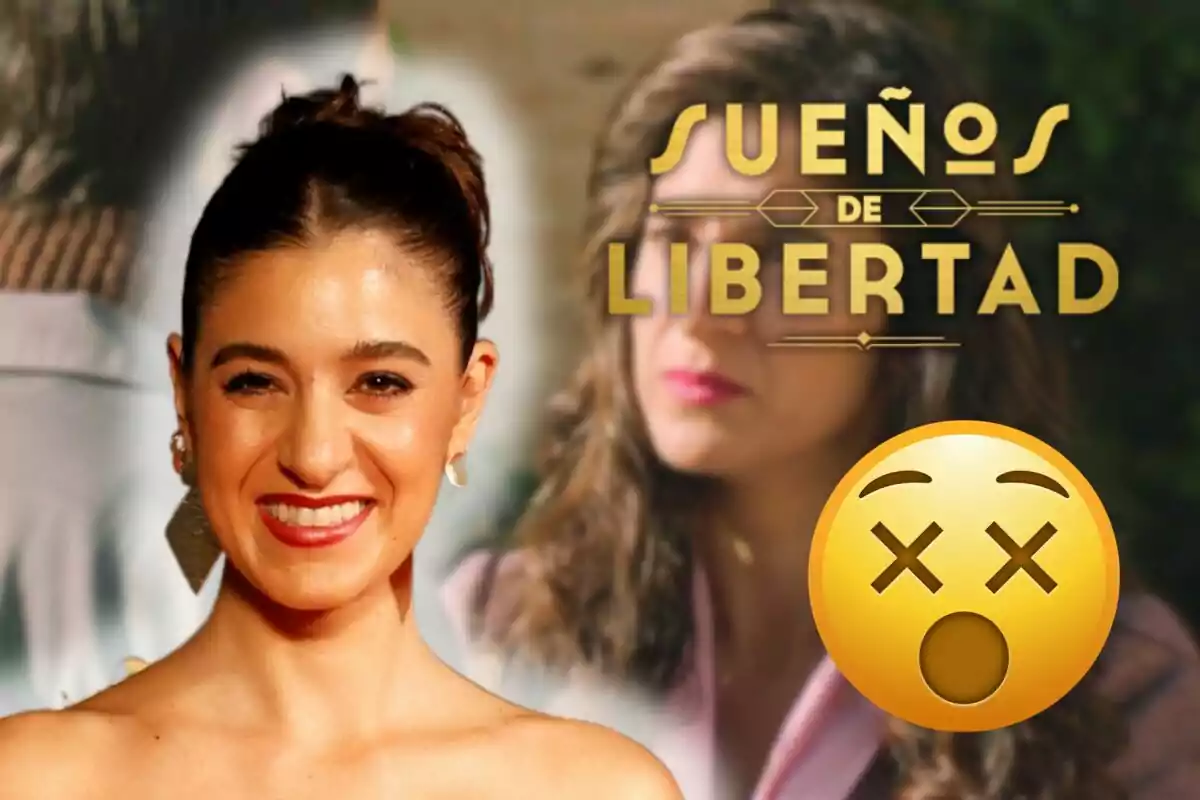 Candela Cruz somrient amb els cabells recollits apareix en primer pla, mentre que al fons es veu una imatge borrosa d'una altra dona i el text "Sueños de Libertad" al costat d'un emoji amb ulls en forma de X i la boca oberta.