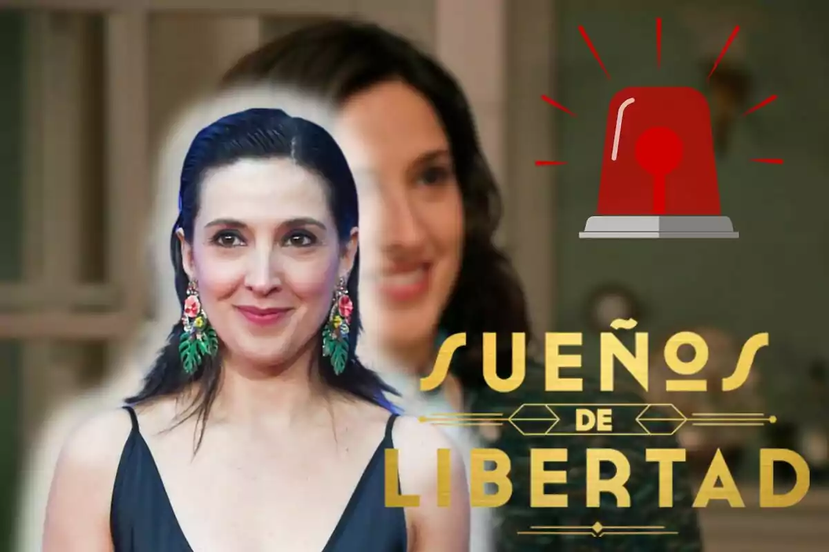 Carolina Lapausa amb arracades colorides i un vestit negre apareix en primer pla, amb una imatge borrosa d'ella mateixa al fons i el text "Sueños de Libertad" al costat d'una sirena vermella a la cantonada superior dreta.