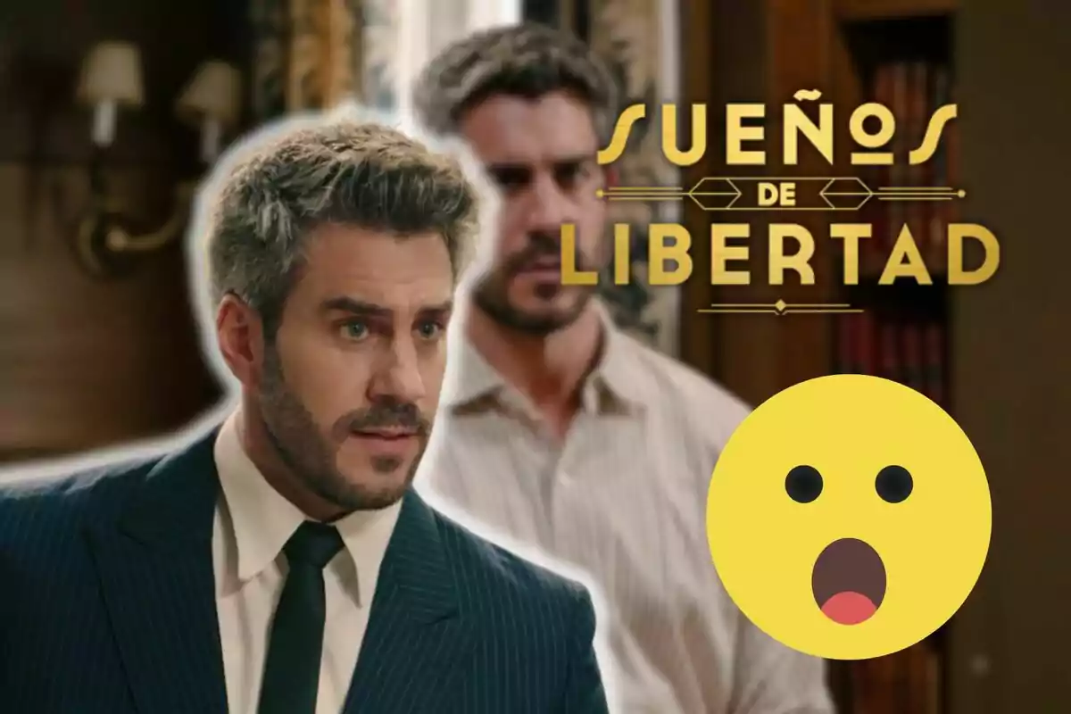 Dani Tatay amb vestit fosc i corbata apareix en primer pla, mentre que un altre home està desenfocat al fons; el text "Sueños de Libertad" està sobre la imatge i un emoji sorprès es troba a la cantonada inferior dreta.